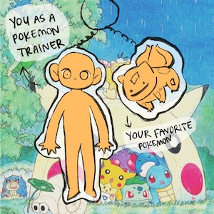 Könnte beinhalten: Eine digitale Illustration mit einer leeren orangefarbenen menschenähnlichen Figur mit der Aufschrift YOU AS A POKEMON TRAINER und einem orangefarbenen Bisasam mit der Aufschrift YOUR FAVORITE POKEMON. Der Hintergrund zeigt bunte Pokemon-Figuren.