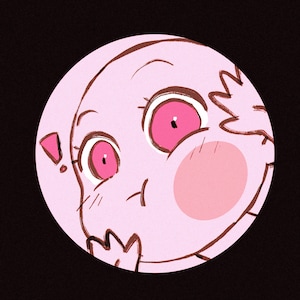 以下が含まれることがあります： 大きなピンクの目、頬、驚いた表情をしたピンクのキャラクターの漫画イラスト。キャラクターは黒い背景に設定され、ピンクの円で囲まれています。