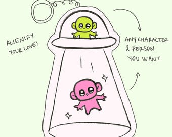 Custom Chibi Alien Abduction Digital Art Commission | Sticker Keychain YCH Matching Gift, DnD Furry