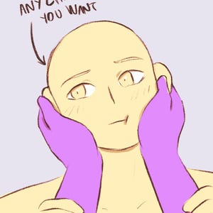 May include: A digital illustration of a light-skinned character with a neutral expression, held by two purple hands. The text "ANY CHARACTER YOU WANT" is above the character's head.