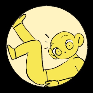 以下が含まれることがあります： 大きな目と丸い耳を持つ黄色い漫画のキャラクターが描かれた円形のイラスト。キャラクターは足を上に曲げて横たわっており、黒い円形の枠の中に淡い黄色の背景で表現されています。
