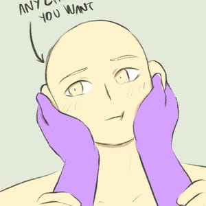 May include: A digital illustration of a character with a light skin tone, held by two purple hands. The character has a neutral expression and the text "ANY CHARACTER YOU WANT" is above the character's head.
