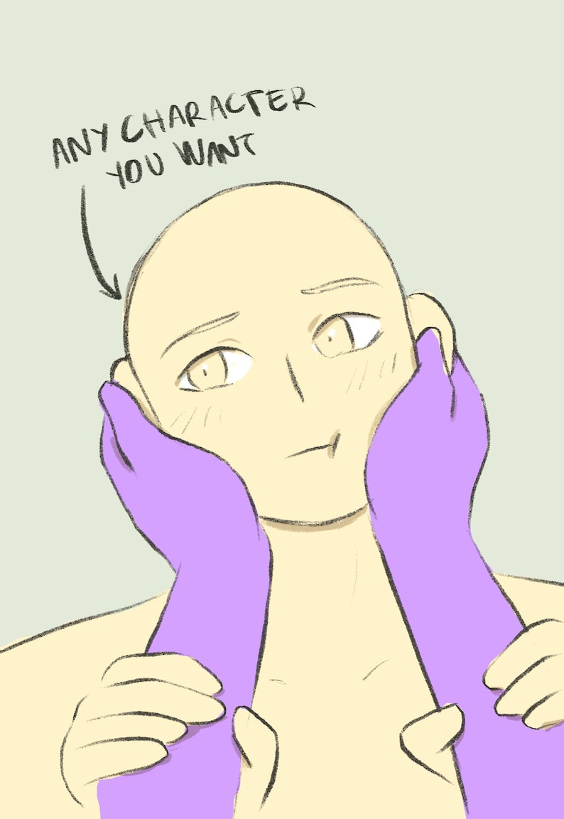 May include: A digital illustration of a character with a light skin tone, held by two purple hands. The character has a neutral expression and the text "ANY CHARACTER YOU WANT" is above the character's head.