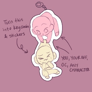 Anpassad Chibi Duo-uppdrag + Nyckelringsklistermärke // Söt YCH Din karaktär här DnD OC Fanart Pälskling Anthro Illustration Rolig