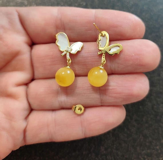 Boucles D'oreilles En Argent 925 Avec Ambre Orange Et Camées En Corneola Papillon - Neuf Avec étiquettes