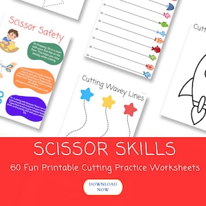 May include: A set of 60 printable scissor skills worksheets for kids. The worksheets feature various cutting practice activities, including cutting wavy lines, cutting out shapes, and cutting along dotted lines. The worksheets are designed to help children develop their fine motor skills and hand-eye coordination.