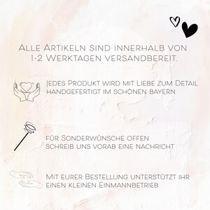 May include: A graphic with text that reads "All items are shipped within 1-2 business days."  The graphic also includes text that reads "Each product is handcrafted with love to detail in beautiful Bavaria."  The graphic also includes text that reads "For special requests, please write us a message in advance."  The graphic also includes text that reads "With your order, you support a small business."