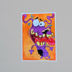 Courage the cowardly dog, 90s nostalgia, 90s cartoon gifts, art prints, affordable wall art, small art prints, cartoon dog, orange artwork
