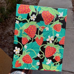 Hand-Painted strawberry feild scene, nature cottage core aesthetic painting on canvas, farm house decor cutesy artwork
