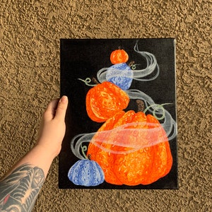 Witchy Pumpkin Painting, Spooky Fall Decor, Halloween Art, Hand-Painted Acrylic Pumpkin on Canvas, Autumn Wall Art