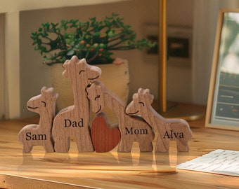 Houten dierenpuzzel familie van 2-5, giraffe familie puzzel decor, jubileumcadeaus voor moeder oma bruiloft housewarming cadeau voor nieuw stel