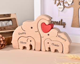 Puzzle personalizzato con famiglia di elefanti, regali per neo mamme, decorazione personalizzata con incisione del nome di famiglia, regalo per neo genitori, regali a tema elefante per la festa della mamma