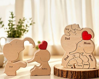 Wooden Engraved Elephant Family Puzzle, Custom Elephant Ornament, Birthday Gifts for Mummy, 14th Wedding Anniversary Gift for Him, Wife Gift