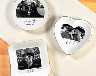 Personalized Photo Jewelry Tray, Custom Names And Date Ring Plate, Bride & Groom Engagement Gift, Wedding Anniversary Ceramic Keepsake Dish