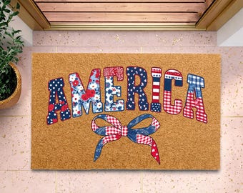 Felpudo con la bandera de Estados Unidos / Felpudo con lazo de EE. UU. / Felpudo de bienvenida patriótico / Felpudo del 4 de julio / Felpudo para la fiesta en EE. UU.