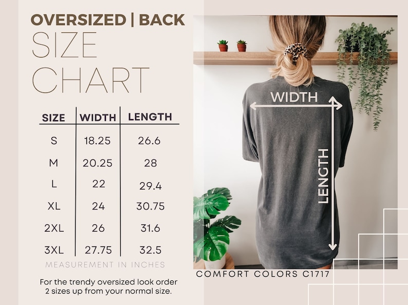 Puede incluir: Tabla de tallas para una camiseta de talla grande con medidas en pulgadas para el ancho y la longitud. La tabla muestra las tallas S a 3XL. El texto "COMFORT COLORS C1717" est&aacute; en la parte inferior de la tabla.