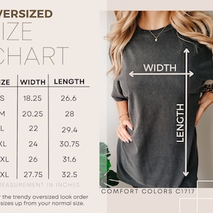 Puede incluir: Tabla de tallas de gran tama&ntilde;o para una camiseta con medidas en pulgadas. La tabla muestra el ancho y la longitud de la camiseta en las tallas S, M, L, XL, 2XL y 3XL. El texto "COMFORT COLORS C1717" est&aacute; en la parte inferior de la tabla.