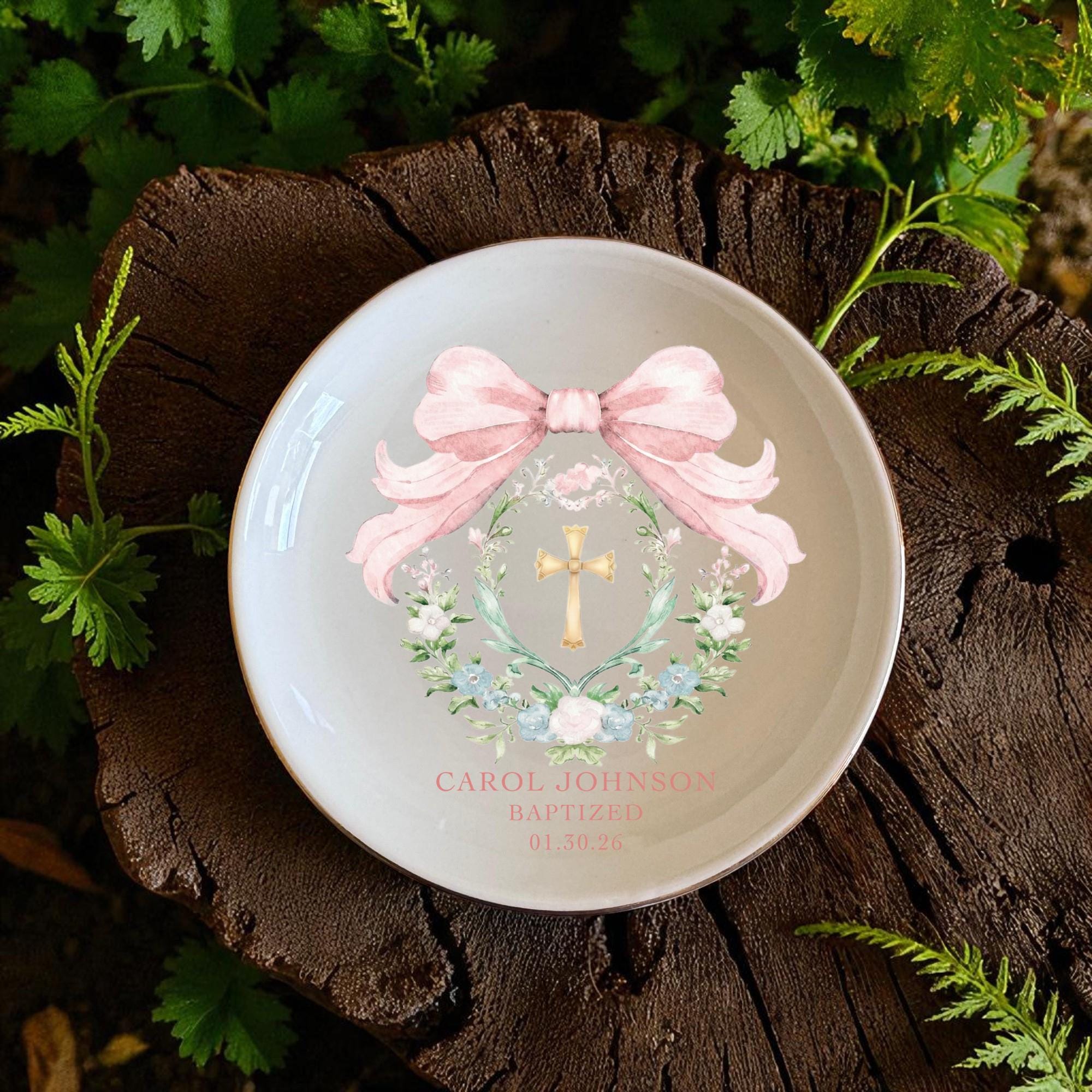 Personalized Baptism Ring Dish, Custom Jewelry Plate, Elegant Ribbon ...
