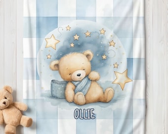 Personalisierte Babydecke als Geschenk für das Kinderzimmer, Decke als personalisiertes Geschenk für Neugeborene, individuelle Decke für das Kinderzimmer mit Teddybär