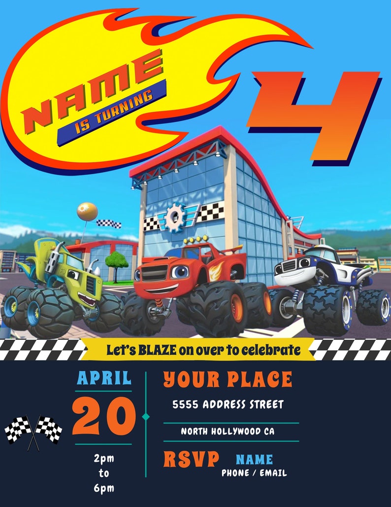 Blaze and the Monster Machines Editable Birthday Invitation image 1