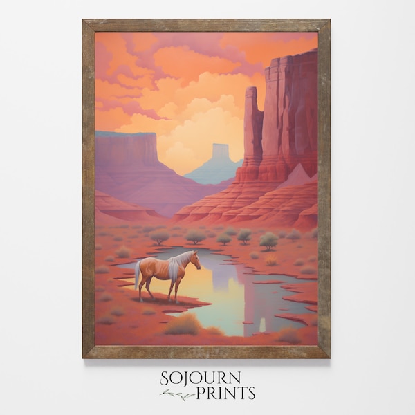 Desert Dusk Oasis Digital Print - Vibrant Sunset, Solitary Horse by Water, Red Sands - Printable Nature Art, Home Decor, Reflective Pause