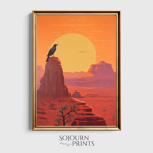 Solitary Bird on Desert Mesa - Digital Print, Warm Sunset Hues of Orange and Red, Peaceful Nature Landscape, Wall Art for Home Decor or Gift