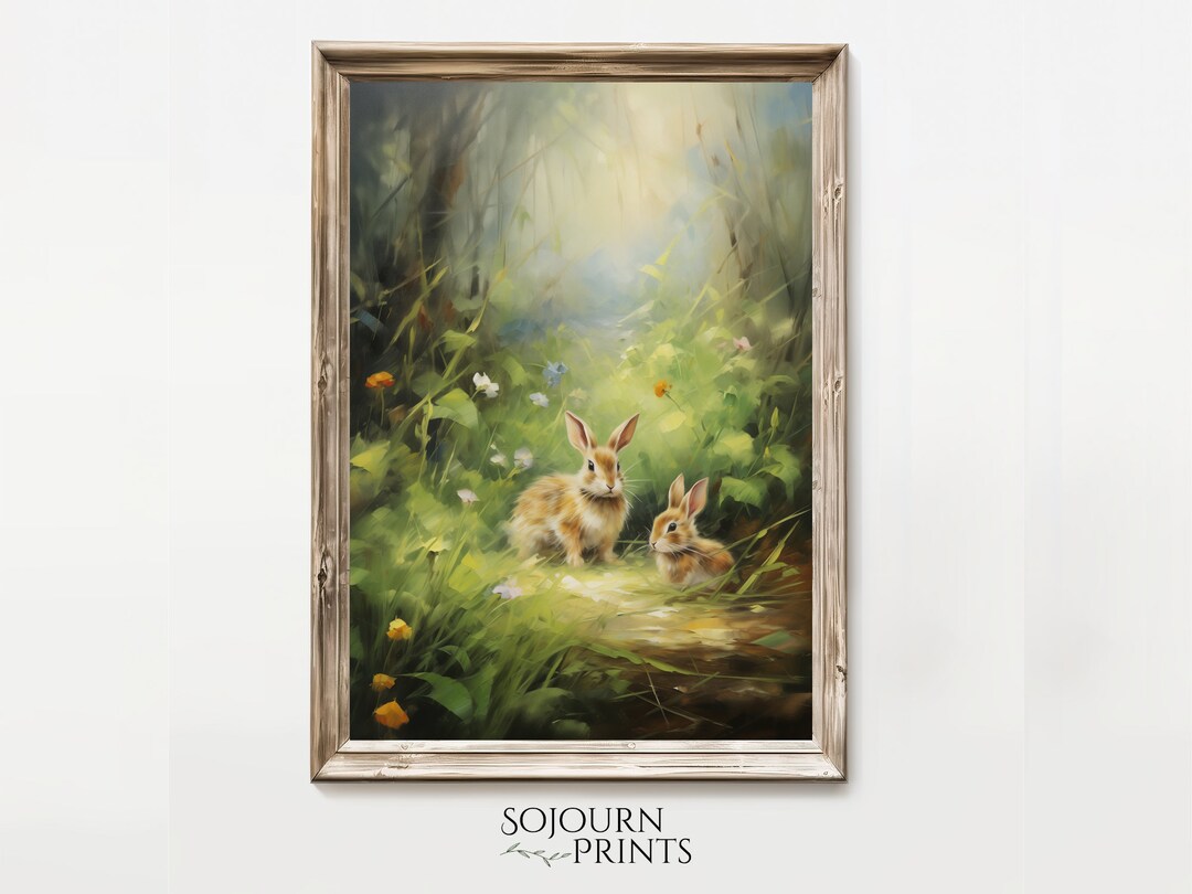 Landscape With Rabits Serene Rabbits in Lush Landscape Digital Print Gentle Wildlife Art With ...