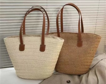 Sac à main en paille fait main, sac tissé à bandoulière pour femme d'été, sac fourre-tout de plage, sacs à main fourre-tout décontractés de grande capacité, sac à main en paille, cadeau pour elle