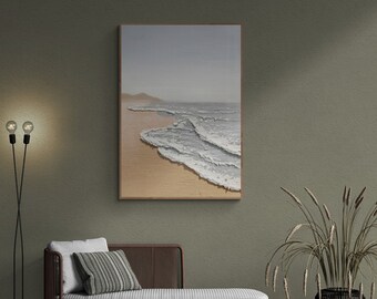 Relieve abstracto original, textura de arte minimalista, con marco de madera y pintura acrílica, paisaje de olas del océano, olas del océano blancas, costa marrón