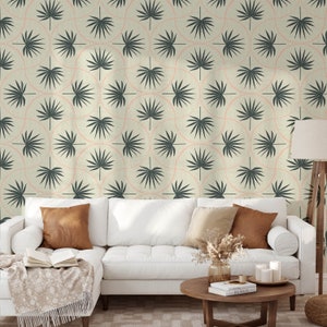 Carta da parati Art Déco con foglie di palma tropicali - Design costiero marocchino staccabile e attaccabile rosa e verde