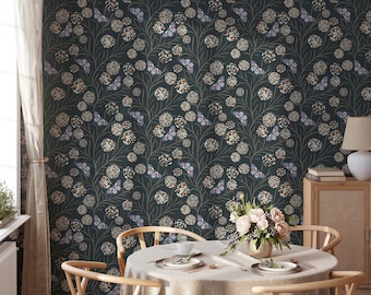 Contemporary Gothic Wallpaper, Butterfly Wallpaper, Dark Moody Wallpaper, Trellis Wallpaper, Trailing Floral Wallpaper, Peel and Stick