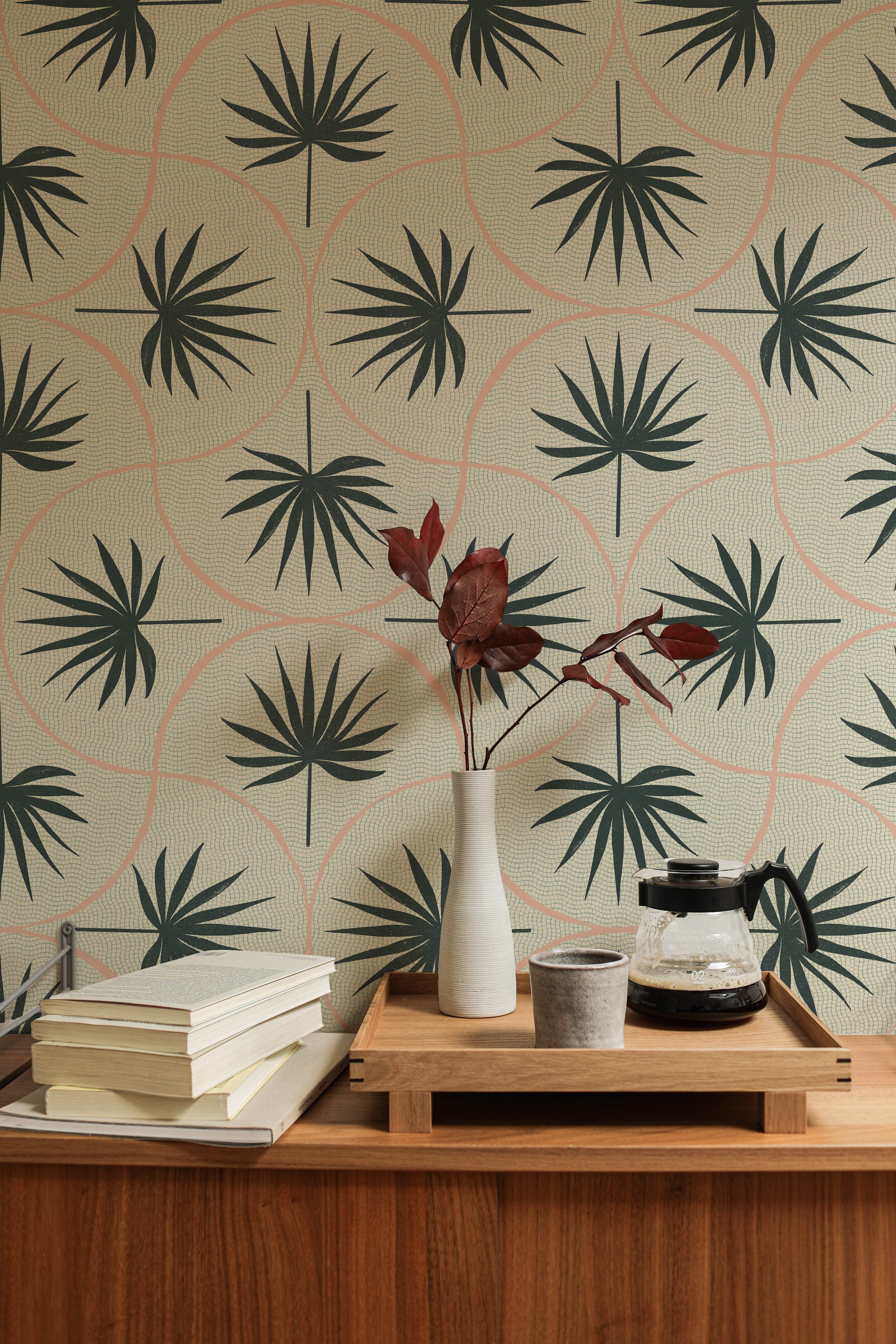 Tropical Palm Leaf Art Deco Wallpaper - Pink & Green Peel and Stick ...