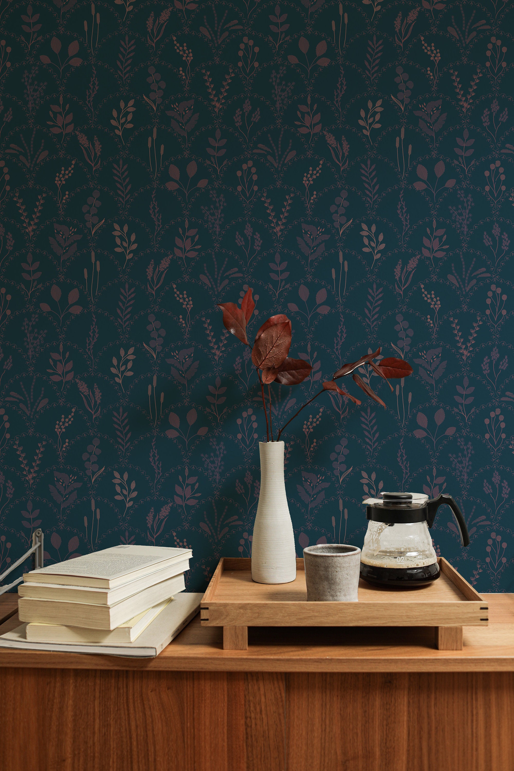 Dark Teal Floral Peel and Stick Wallpaper: Moody Victorian Style