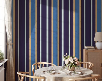 French Striped Wallpaper, Dark Blue and Yellow Wallpaper, Vintage Wallpaper, Beach House Wallpaper, Coastal Wallpaper, Peel and Stick