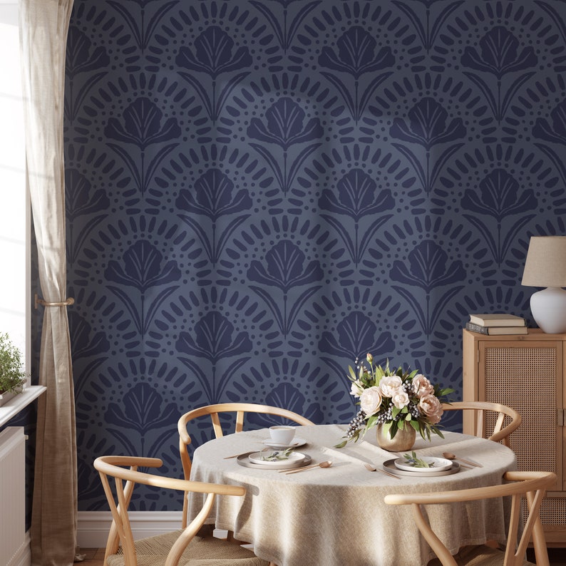 Denim Blue Wallpaper, Art Deco Wallpaper, Damask Wallpaper, 1920s