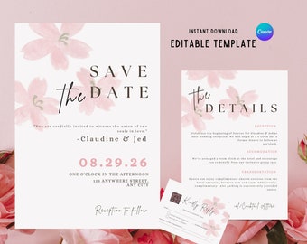 Cherry Blossom Wedding Invitation Template, Wedding Invitation with QR Code, Modern Invite, Simple Editable Invite Template, Editable Invite