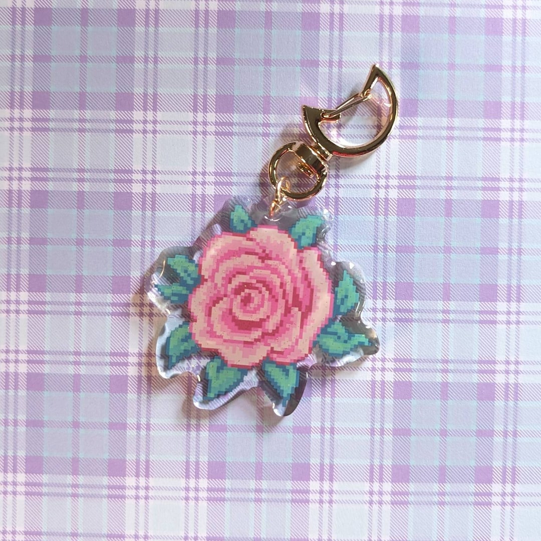 Pink Rose Keychain Charm | Cute Acrylic Pixel Art Flower | Glitter