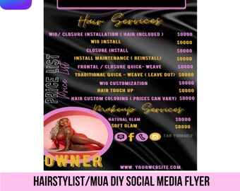 DIY Hair PriceList Template, Price List DIY Flyer For Makeup, Wigs, Braiders Canva Editable flyer