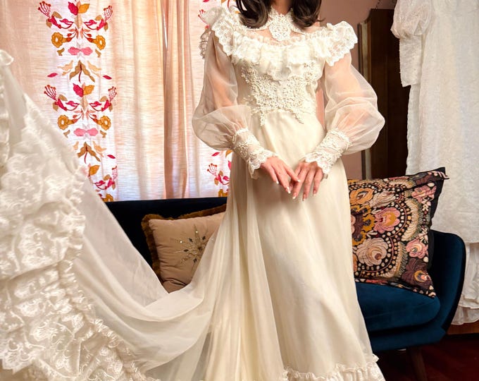 Dust Ruffle Train Vintage 70’s Edwardian Lace Ruffle Train Wedding Dress - Etsy