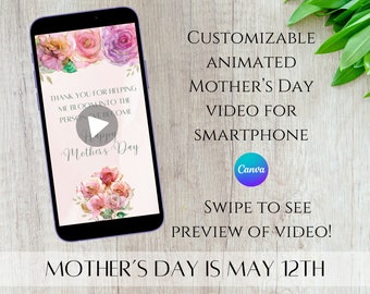 Carte vidéo numérique personnalisée pour la fête des Mères | Compatible avec les téléphones intelligents | Téléchargement instantané sur toile numérique