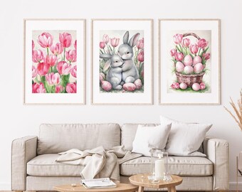 Watercolor Easter Prints Set, Bunny & Tulip Art (Digital Download)
