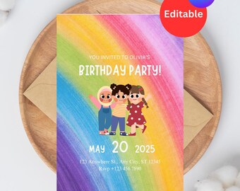 Rainbow Kids Birthday Invitation, Editable Template (Digital Download)