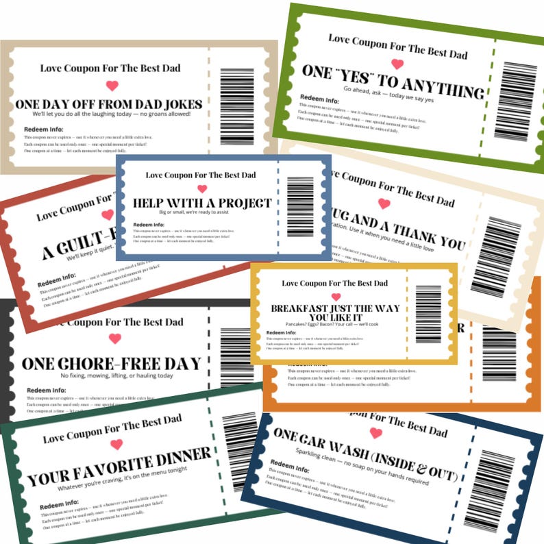 Printable Fathers Coupons Thoughtful Gift Idea DIY Coupon Book for Dad ...