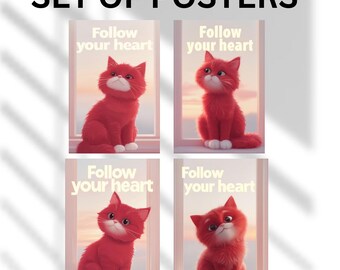 Red Cat Poster Set, Cozy Home Decor (Digital Download)