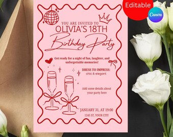 Pink Wavy Birthday Party Invitation Template, Editable in Canva (Digital Download)