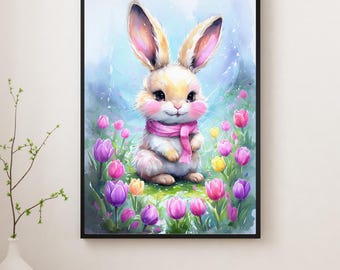Easter Bunny Print, Cottagecore Tulip Field (Digital Download)