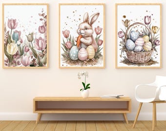 Watercolor Easter Prints, Neutral Bunny & Tulip Wall Art (Digital Download)