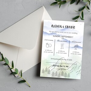 Mountain Wedding Invitation Template Watercolor Wedding Invite Editable Canva Template Rustic Nature Wedding Printable Digital Download