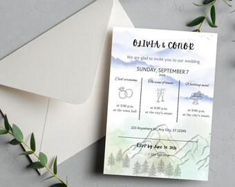 Watercolor Mountain Wedding Invitation Template (Digital Download)