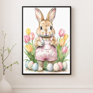 Spring Bunny in Floral Overalls Easter Wall Art Print Easter Home Decor Easter Download Easter Poster Easter print Printable Easter